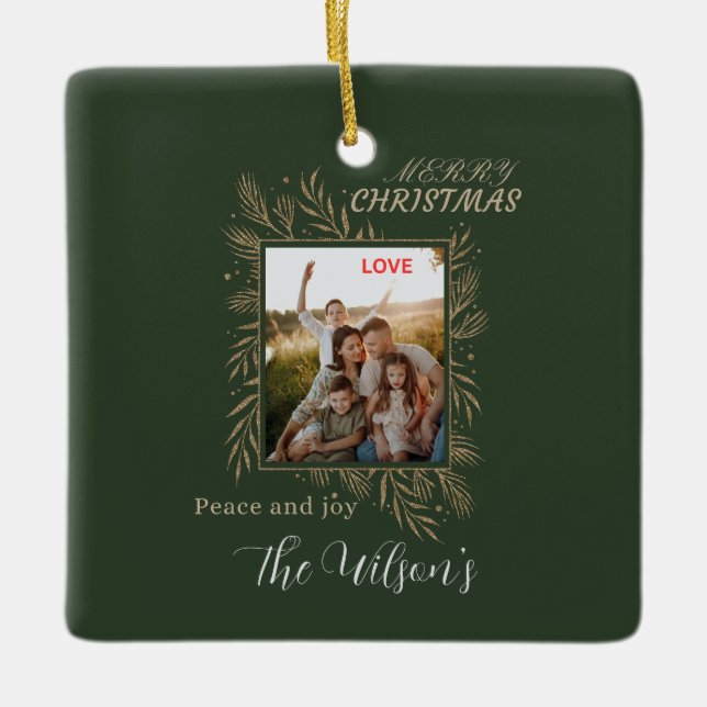 Green personalized family photo name julgransprydnad keramik (Framsida)