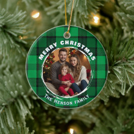 Green Personalized Family Photo Plaid Pattern  Julgransprydnad Keramik