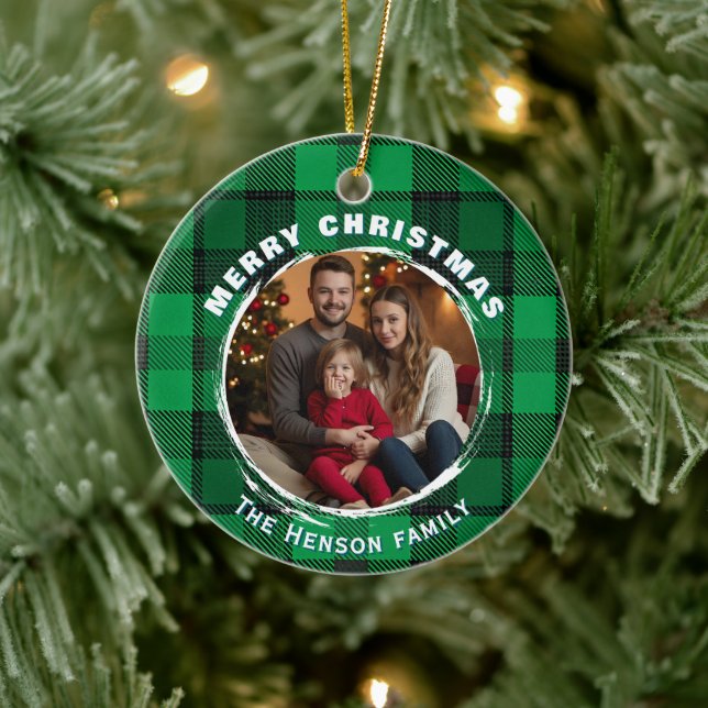 Green Personalized Family Photo Plaid Pattern  Julgransprydnad Keramik (Träd)
