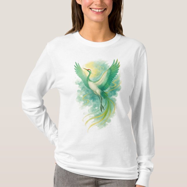 【Green Phoenix Bird Long Sleeve T-Shirt】 T Shirt (Framsida)