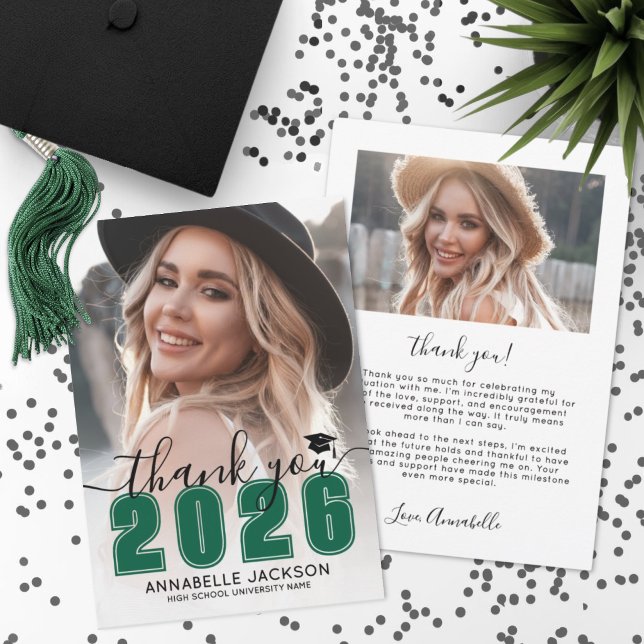 Green Photo Graduation Tack Kort (Green Photo Graduation Thank You Card)