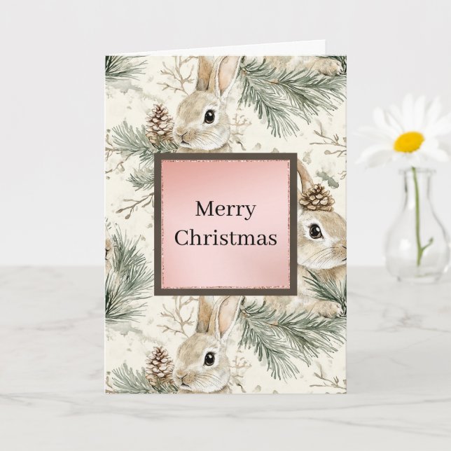 Green Pine Cones Bunny Rabbits Christmas Kort (Liten växt)