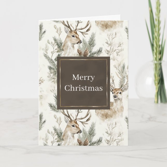 Green Pine Cones Deer Christmas Kort (Framsida)