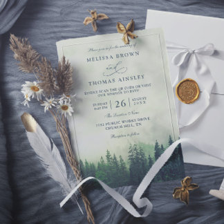 Green Pine Forest Rustic Budget QR Code Wedding Inbjudningar
