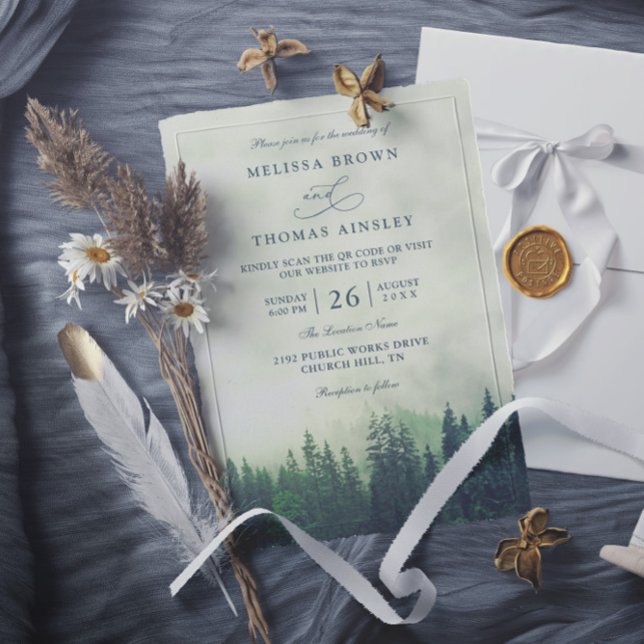 Green Pine Forest Rustic Budget QR Code Wedding Inbjudningar (Skapare uppladdad)