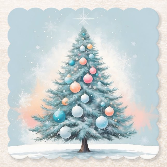Green Pine Tree & Snowflakes | Blue Orange Coral Underlägg Papper (Framsida)