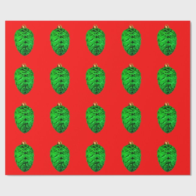 Green Pinecone Ornaments Red Wrapping Paper Presentpapper (Platt)