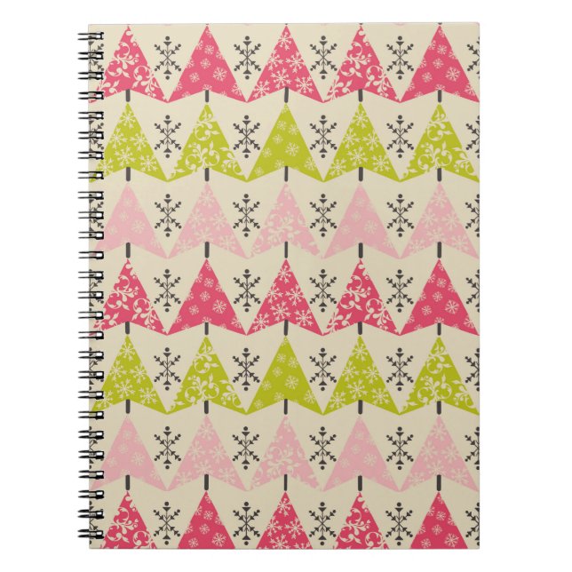 Green & pink Christmas trees with snowflakes Anteckningsbok (Framsidan)