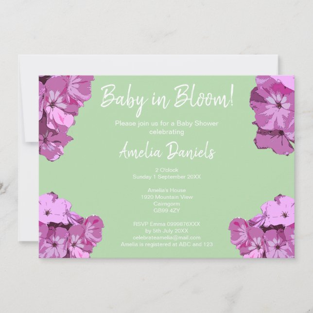 Green & Pink Floral Baby Shower Invitation Inbjudningar (Framsida)
