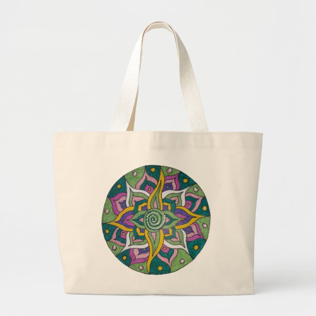 Green/Pink Lotus Mandala Tote Bag Jumbo Tygkasse (Framsidan)