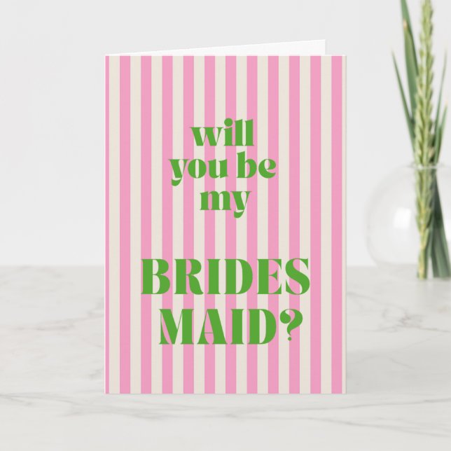Green + Pink Modern Stripe Bridesmaid Proposal Kort (Framsida)
