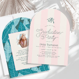 Green & Pink Stripes Palms Graduation Party Photo Inbjudningar