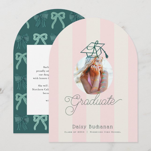 Green Pink Stripes Photo Graduation Announcement Inbjudningar (Fram/baksida)