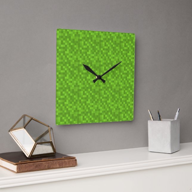 Green Pixel Pattern Retro 8-Bit Gaming Fyrkantig Klocka (Kontor)