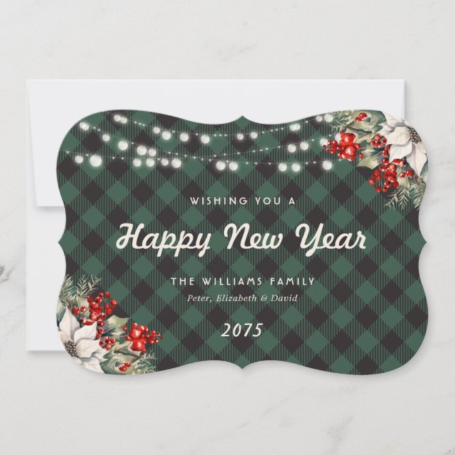 Green Plaid Botanical String Lights New Year Card Julkort (Framsida)