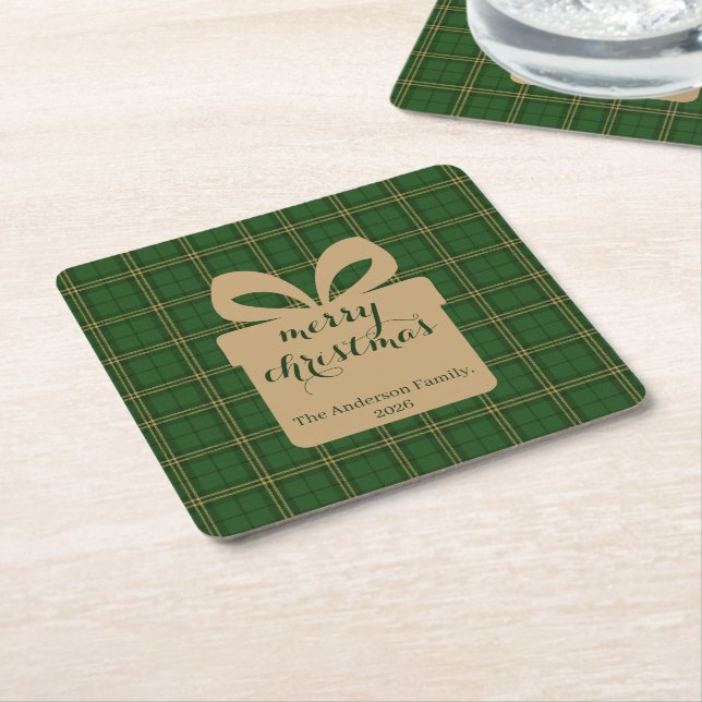 Green Plaid Christmas Festive Pattern -  Underlägg Papper Kvadrat (Vinklad)