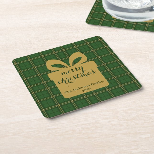 Green Plaid Christmas Festive Pattern -  Underlägg Papper Kvadrat (Vinklad)
