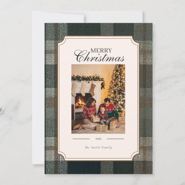 Green Plaid Christmas One Photo Holiday Card Julkort (Framsida)