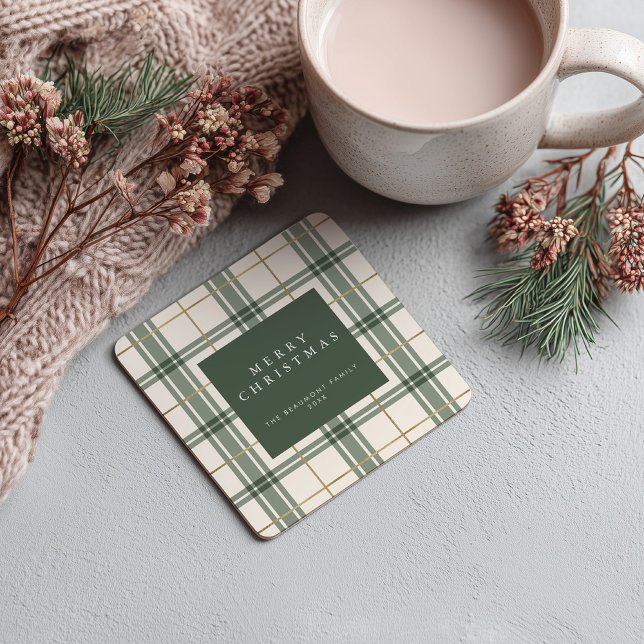 Green Plaid Christmas Square Paper Coaster Underlägg Papper Kvadrat (Skapare uppladdad)