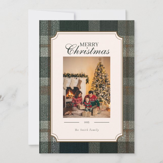 Green Plaid Christmas Three Photo Holiday Card Julkort (Framsida)