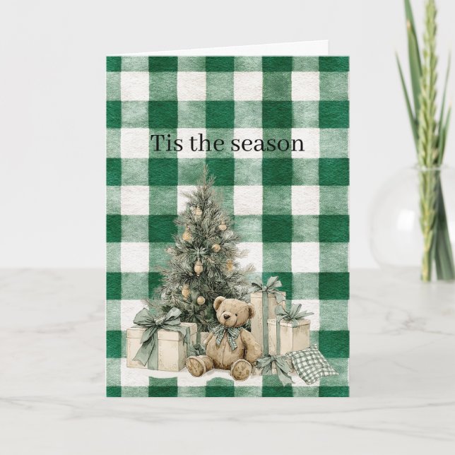 Green Plaid Christmas Tree Teddy Bear Gifts Kort (Framsida)