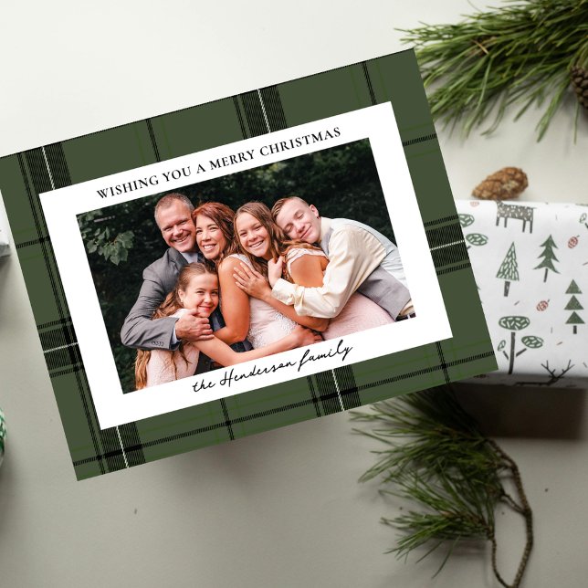 Green Plaid Custom Horizontal Photo Christmas  Helg Vykort (Skapare uppladdad)