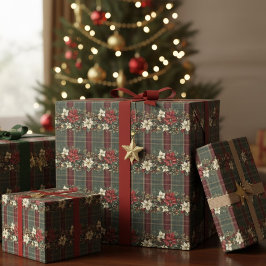 Green Plaid Red Gold Poinsettia Christmas Pattern Presentpapper