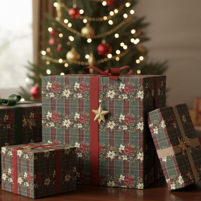 Green Plaid Red Gold Poinsettia Christmas Pattern Presentpapper (Skapare uppladdad)