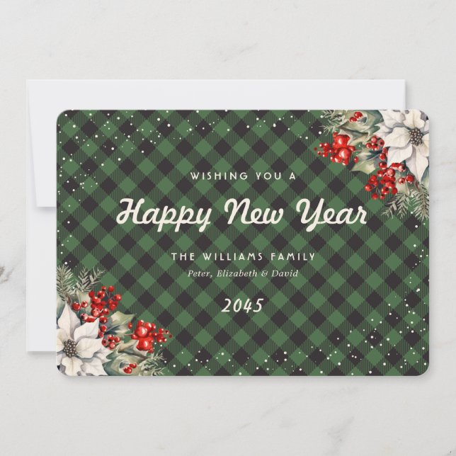 Green Plaid Snow Botanical New Year Card Julkort (Framsida)
