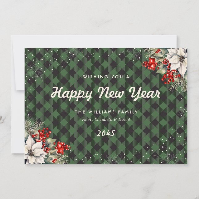 Green Plaid Snowflake Botanical New Year Card Julkort (Framsida)