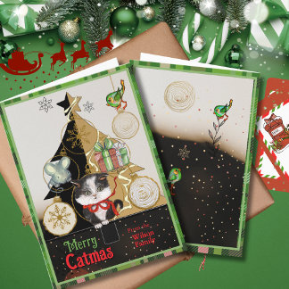 Green Plaid Split-Tree Catmas Card | Cute Kitten Helgkort
