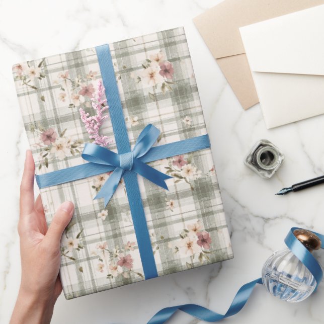 Green Plaid Stripes Burgundy Cream Flowers Birthda Presentpapper (Gifting)