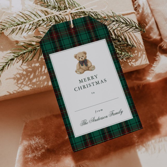 Green Plaid Teddy Bear Christmas Party Presentetikett (Skapare uppladdad)