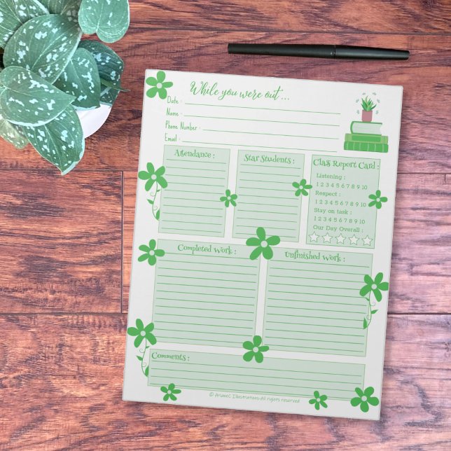 Green Plant and Books Substitute Report Notepad Anteckningsblock (While you were out green notepad for teachers .)