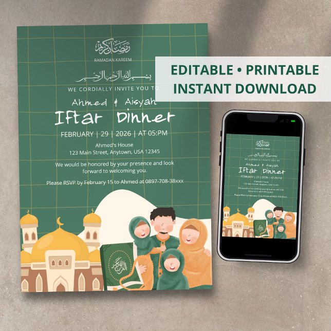 Green Ramadan Iftar Invitation with Mosque, Quran Inbjudningar (Skapare uppladdad)