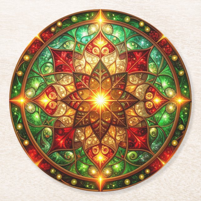 Green Red Decorative Holiday Paper Coaster Underlägg Papper Rund (Framsidan)