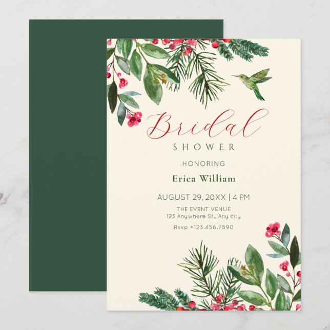 Green red floral bridal shower inbjudningar (Fram/baksida)
