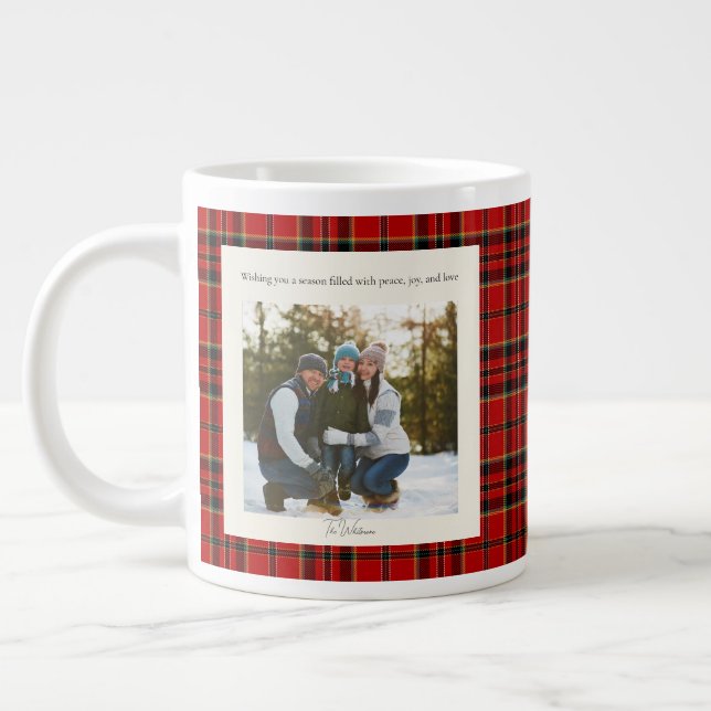 Green Red Plaid Monogram 2 Photo Rustic Christmas Jumbo Mugg (Vänster)