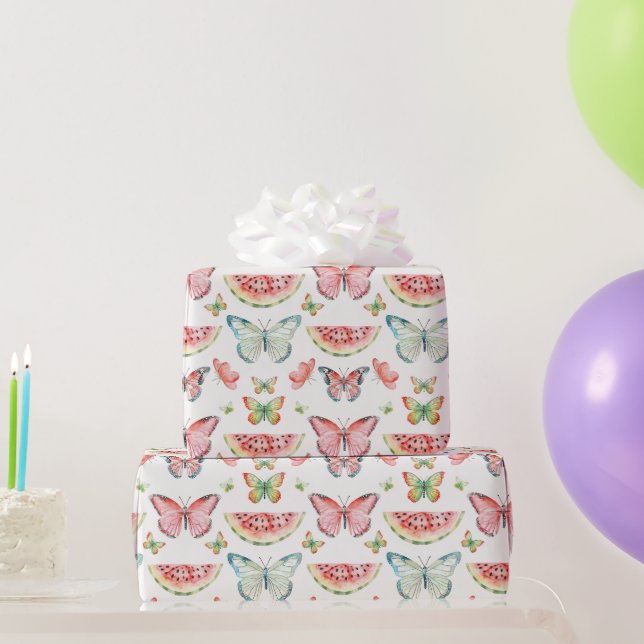 Green Red Watermelon Blue Butterflies Birthday Presentpapper (Festgåvor)