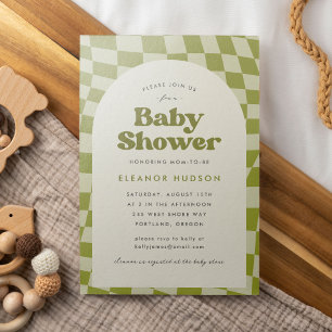 Green Retro Groovy 70s Checkerboard Baby Shower Inbjudningar