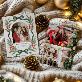 Green Ribbon Holiday Card with Photo Grid on Back Julkort