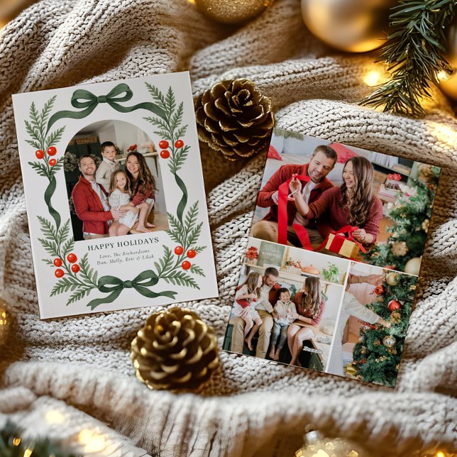 Green Ribbon Holiday Card with Photo Grid on Back Julkort (Skapare uppladdad)