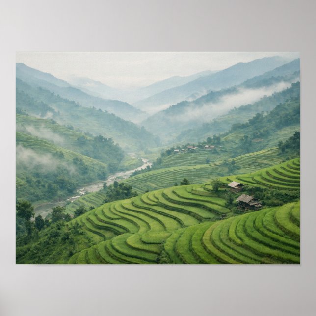 Green Rice Terraces Mountain Valley Landscape Poster (Framsidan)