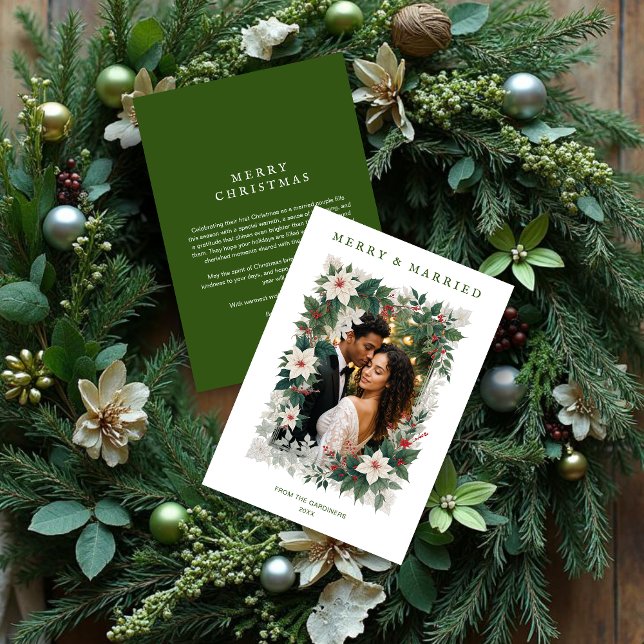 Green Romantic Christmas Botanical Frame Photo Julkort (Green Romantic Christmas Botanical Frame Holiday Cards with Photo and for First Christmas Married.)