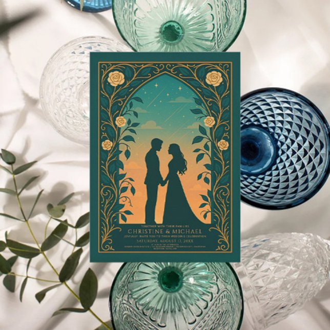 Green Romantic Silhouette Couple Wedding Invite Inbjudningar (Skapare uppladdad)