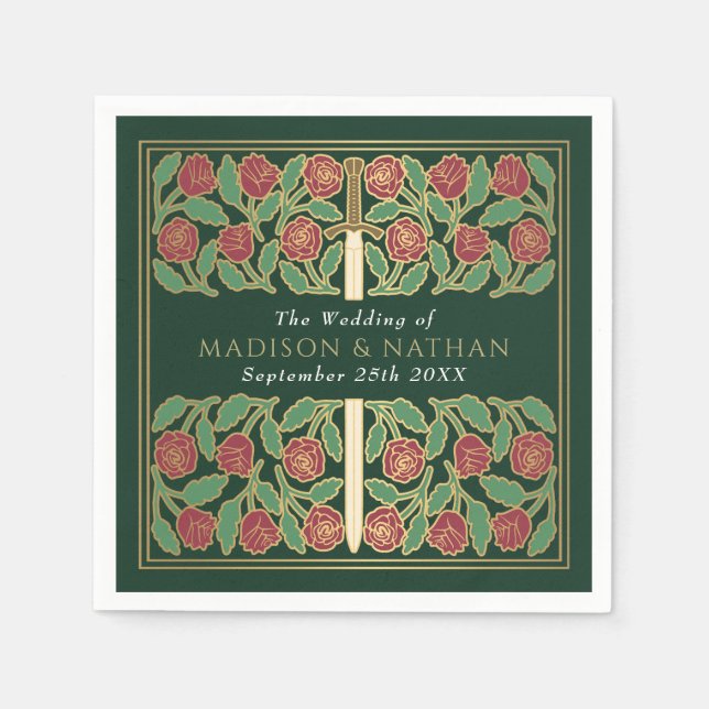 Green Royal Medieval Gold Floral Sword Wedding Pappersservett (Framsidan)