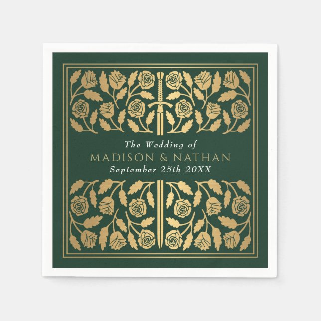 Green Royal Medieval Gold Sword Wedding Pappersservett (Framsidan)