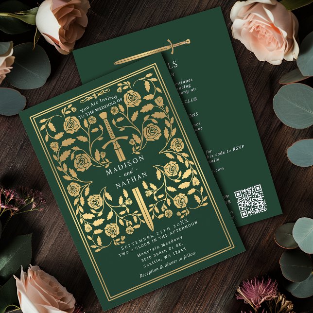 Green Royal Medieval Gold Sword Wedding QR Code Inbjudningar (Skapare uppladdad)