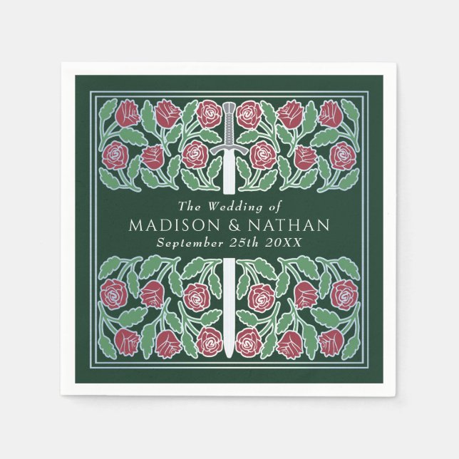 Green Royal Medieval Silver Floral Sword Wedding Pappersservett (Framsidan)