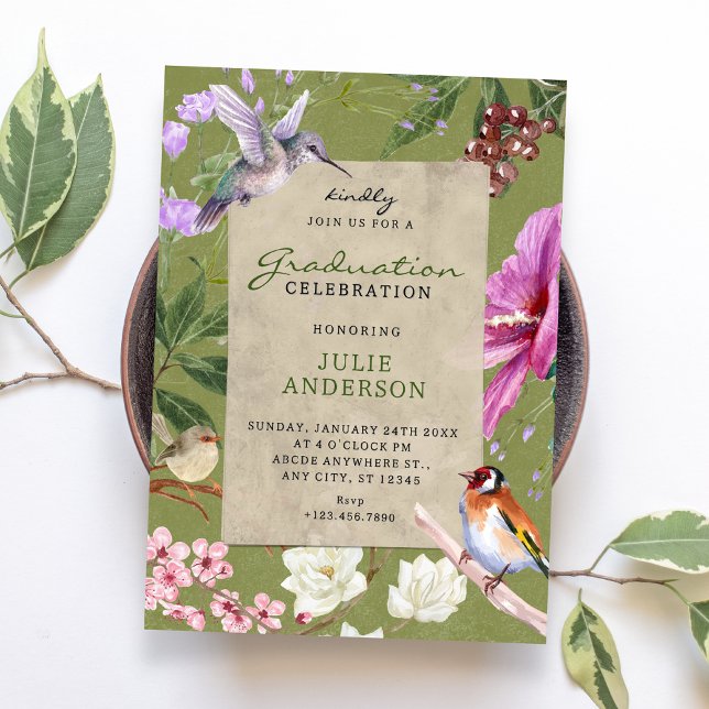 Green rustic floral bird art graduation inbjudningar (Skapare uppladdad)